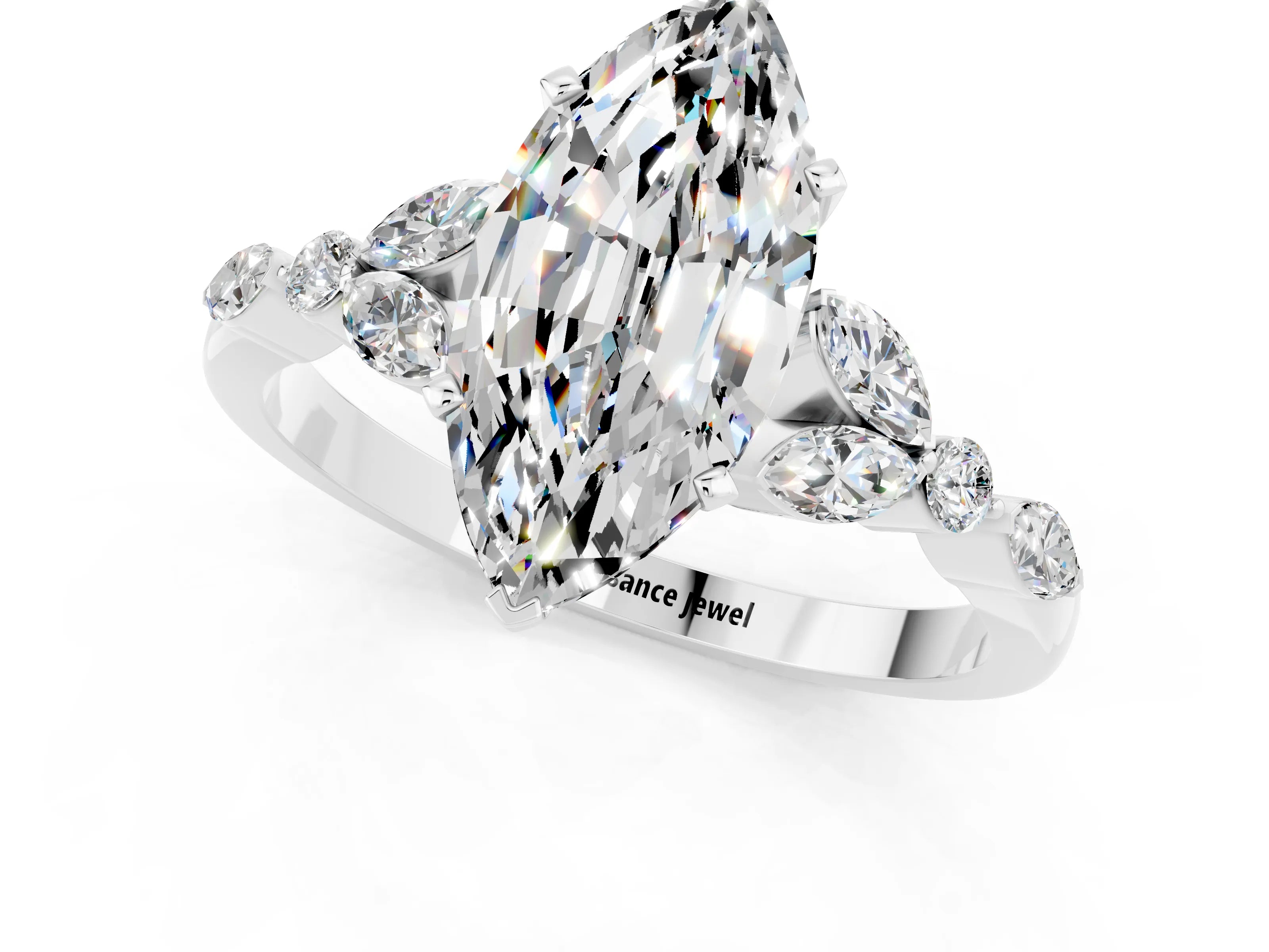 White gold Marquise Cut Moissanite Solitaire Ring with Side Stones and Four-Prong Setting_13