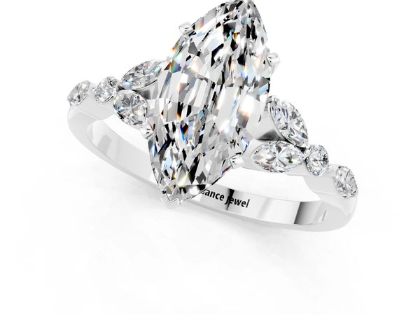 Platinum Marquise Cut Moissanite Solitaire Ring with Side Stones and Four-Prong Setting