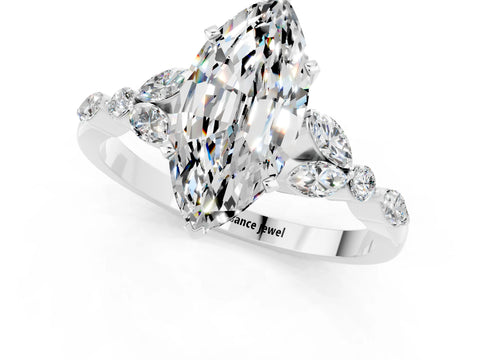 White gold Marquise Cut Moissanite Solitaire Ring with Side Stones and Four-Prong Setting_13
