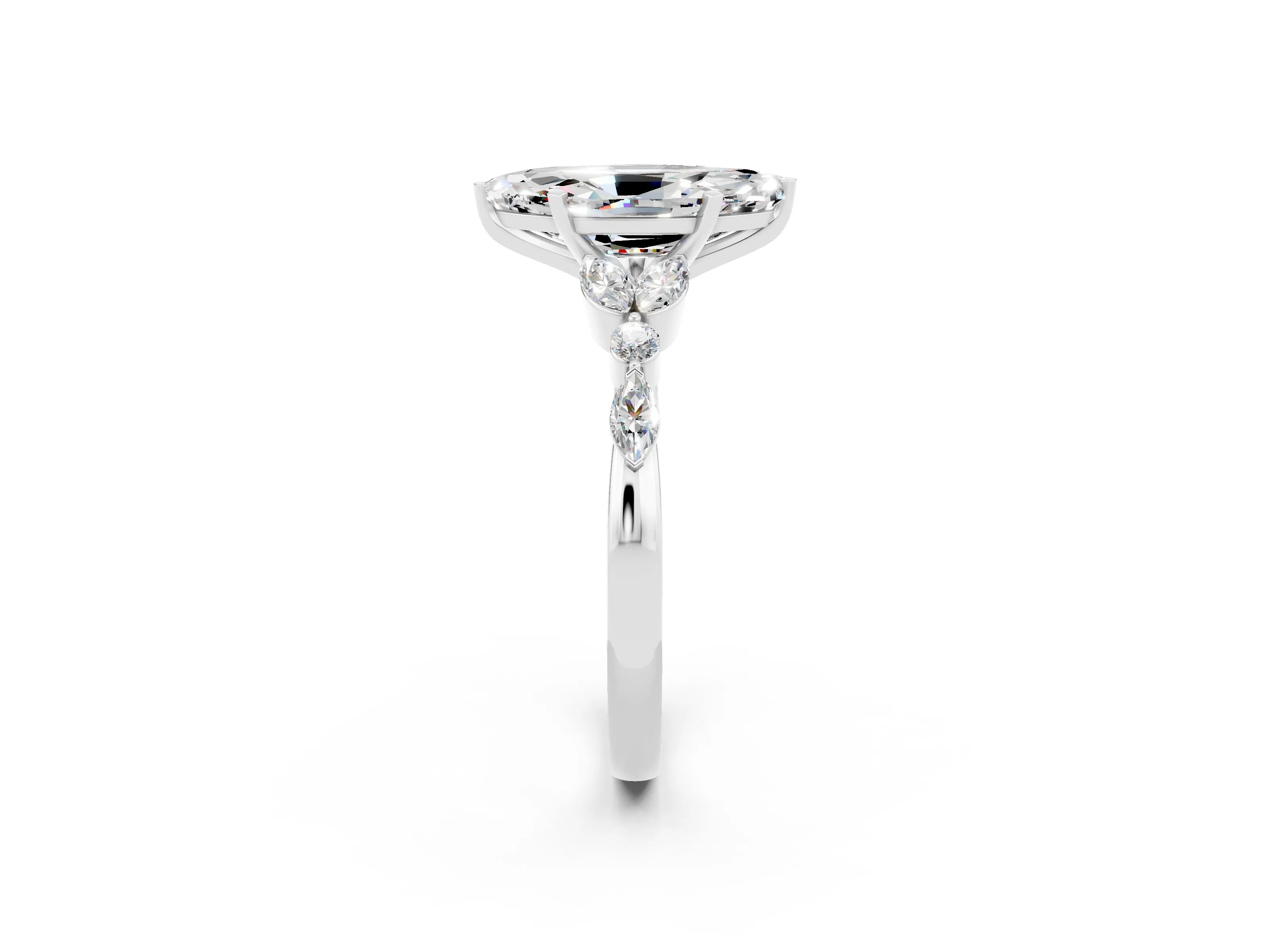 White gold Marquise Cut Moissanite Solitaire Ring with Side Stones and Four-Prong Setting_14