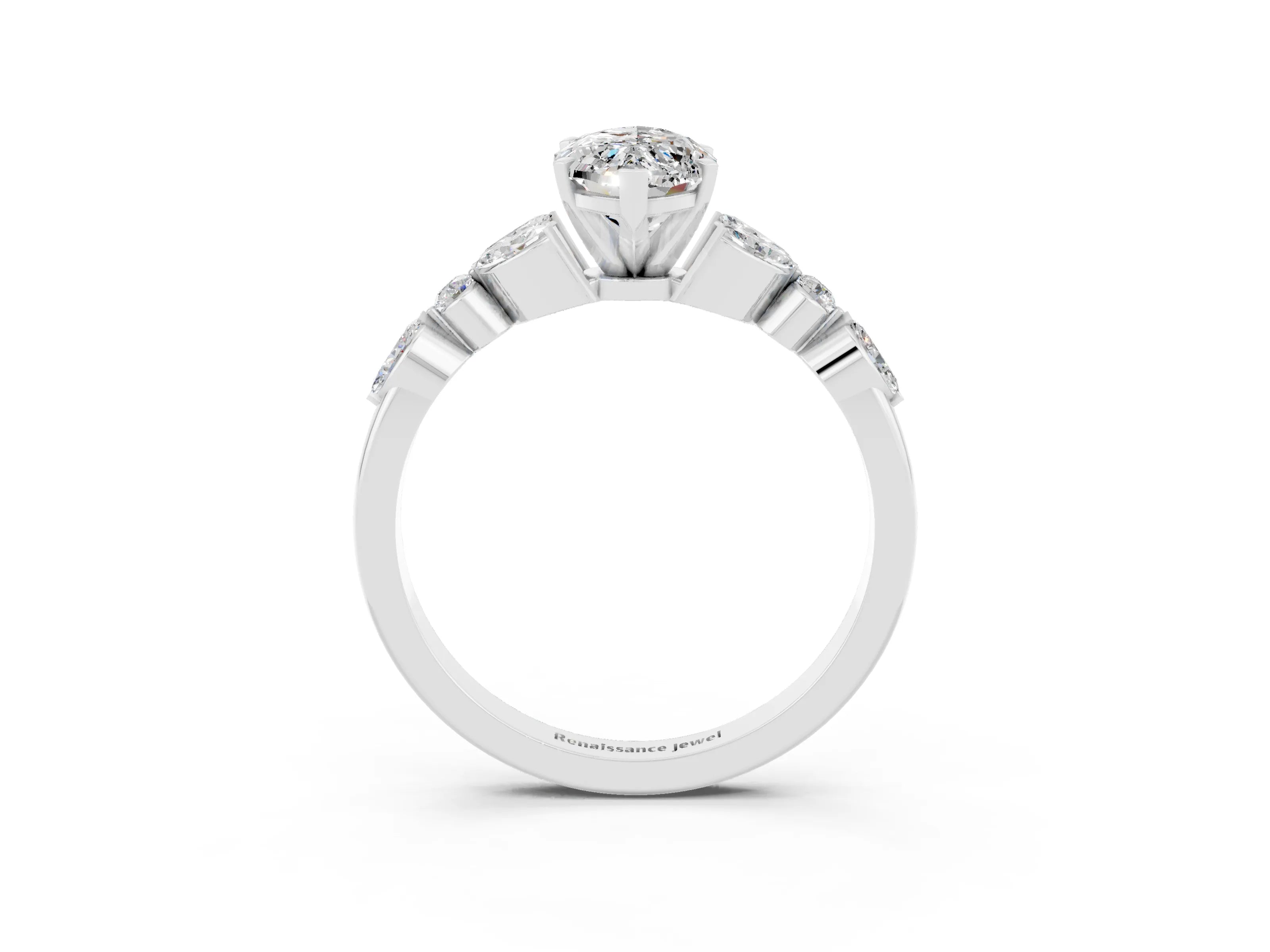 White gold Marquise Cut Moissanite Solitaire Ring with Side Stones and Four-Prong Setting_15