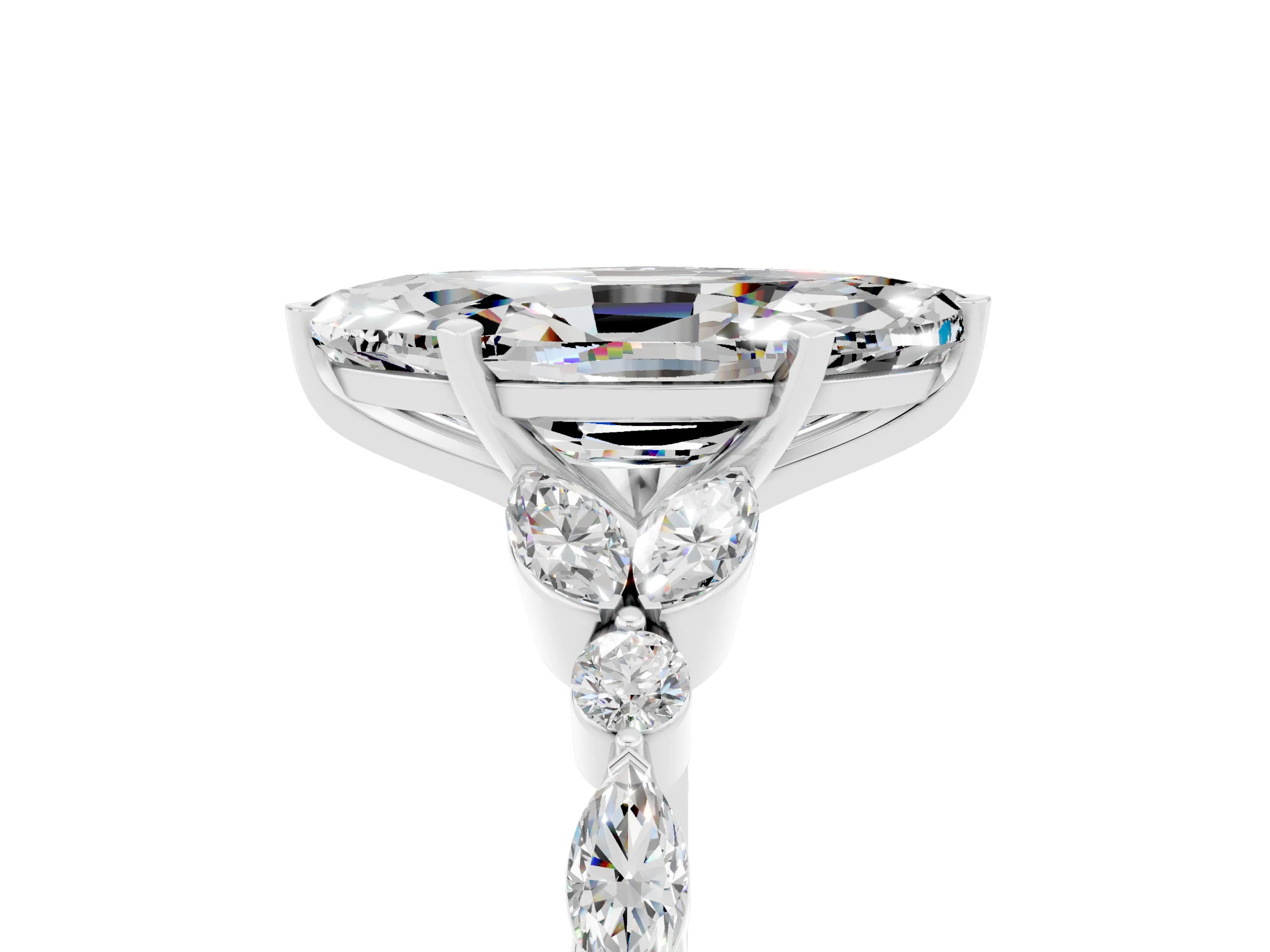 White gold Marquise Cut Moissanite Solitaire Ring with Side Stones and Four-Prong Setting_17