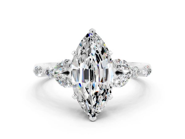 White gold Marquise Cut Moissanite Solitaire Ring with Side Stones and Four-Prong Setting