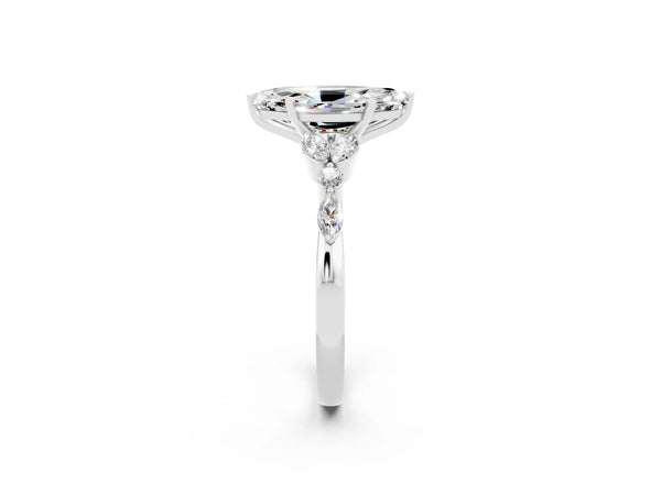 White gold Marquise Cut Moissanite Solitaire Ring with Side Stones and Four-Prong Setting