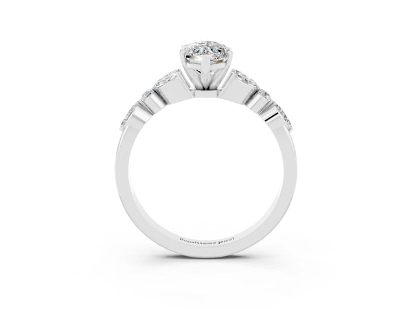 White gold Marquise Cut Moissanite Solitaire Ring with Side Stones and Four-Prong Setting