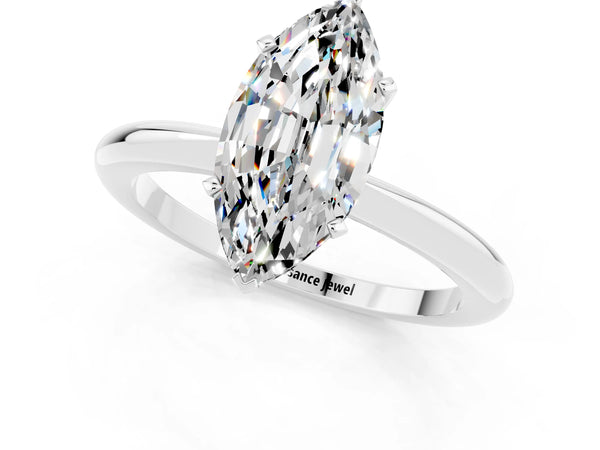 White gold Marquise Cut Moissanite Solitaire Ring with Six-Prong Setting and Classic Band