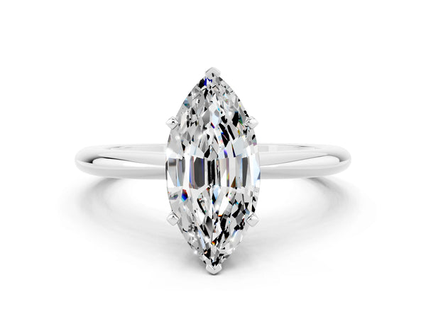Silver Marquise Cut Moissanite Solitaire Ring with Six-Prong Setting and Classic Band