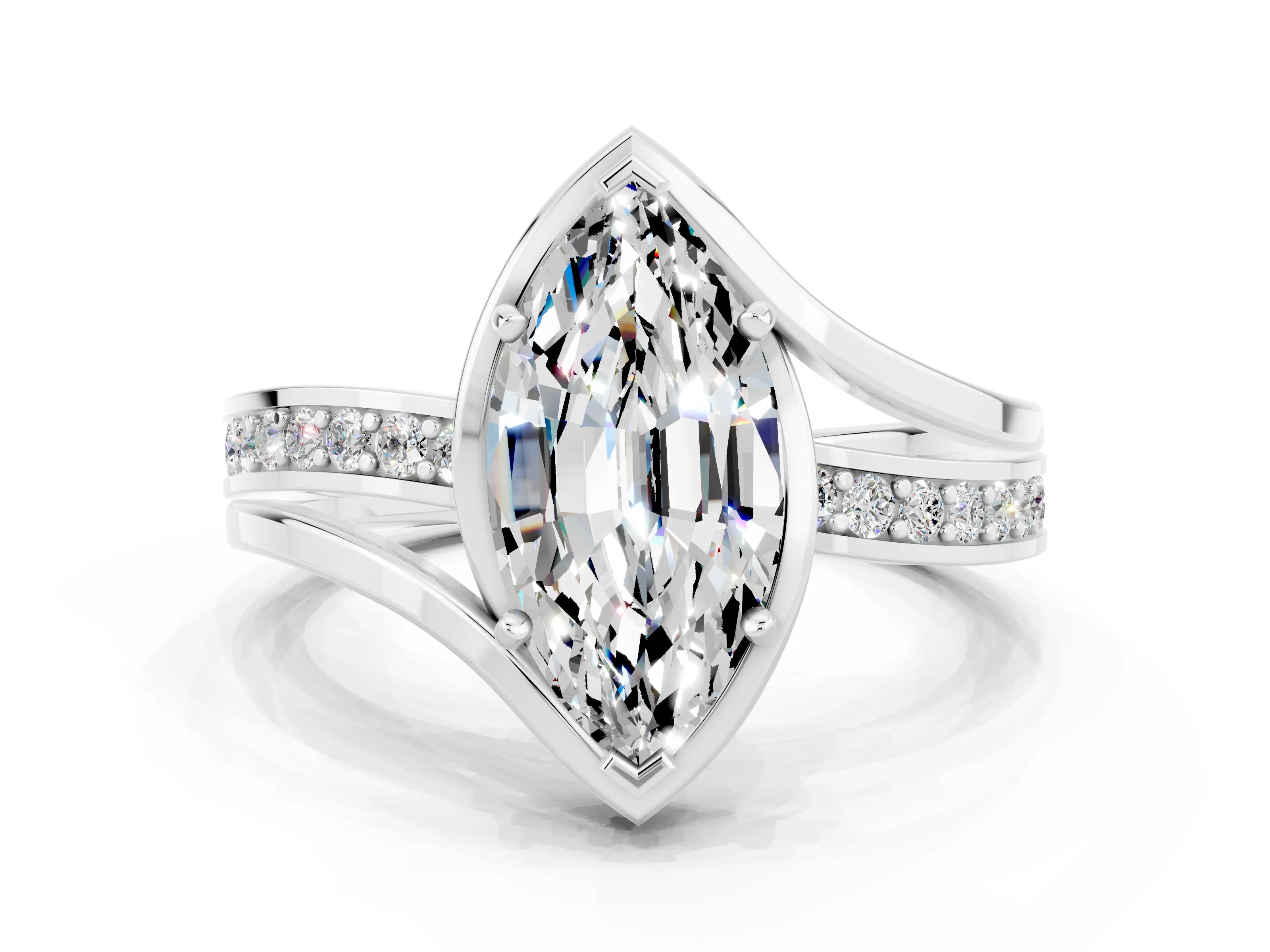 White gold Marquise Cut Moissanite Solitaire Ring with Split Shank and Prong Setting