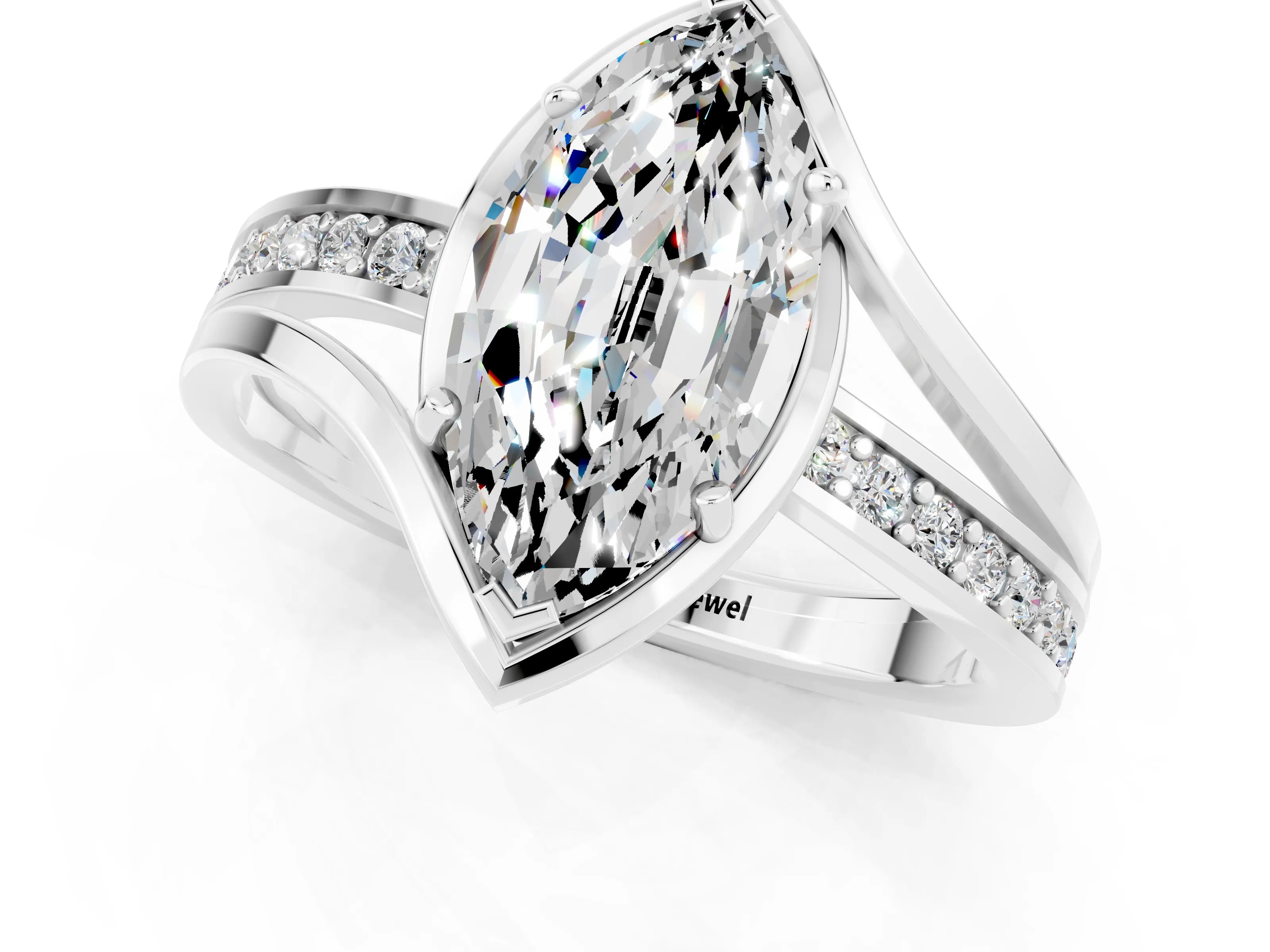 White gold Marquise Cut Moissanite Solitaire Ring with Split Shank and Prong Setting_1