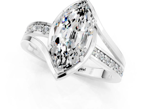 White gold Marquise Cut Moissanite Solitaire Ring with Split Shank and Prong Setting