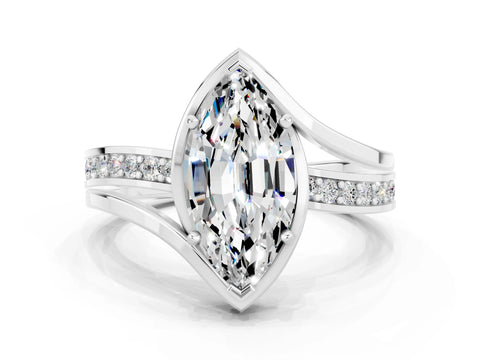White gold Marquise Cut Moissanite Solitaire Ring with Split Shank and Prong Setting