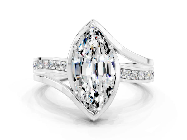 Silver Marquise Cut Moissanite Solitaire Ring with Split Shank and Prong Setting
