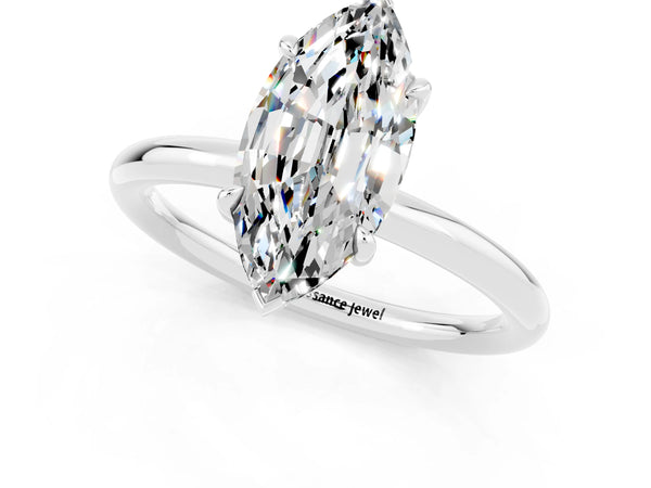 Platinum Marquise Cut Moissanite Solitaire Ring with Thin Band and Four-Prong Setting