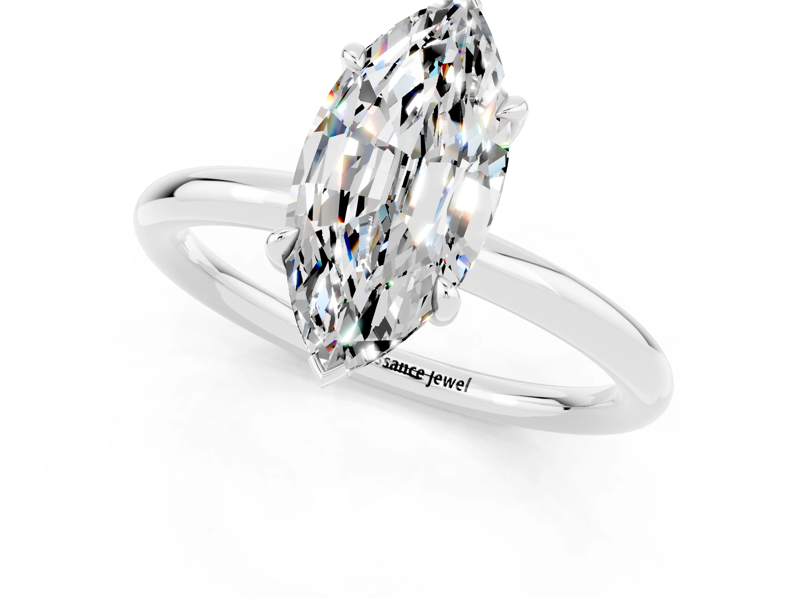 White gold Marquise Cut Moissanite Solitaire Ring with Thin Band and Four-Prong Setting_13