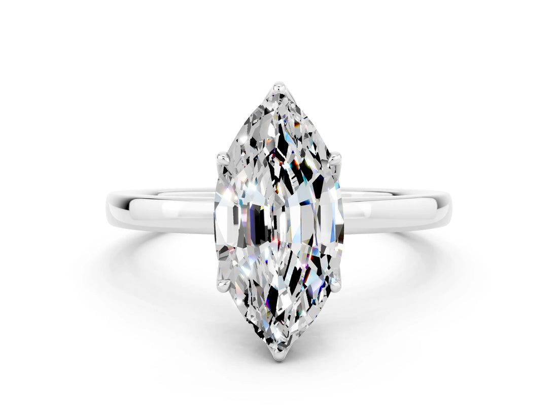 White gold Marquise Cut Moissanite Solitaire Ring with Thin Band and Prong Setting_12