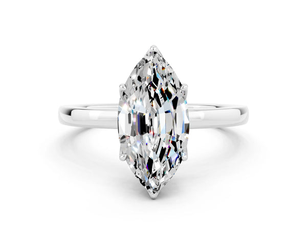Silver Marquise Cut Moissanite Solitaire Ring with Thin Band and Prong Setting