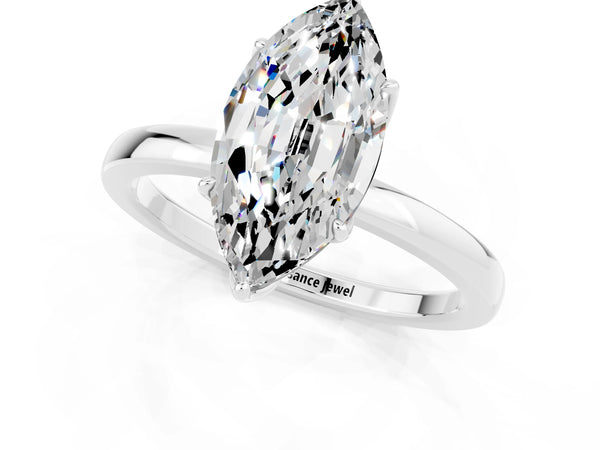 Platinum Marquise Cut Moissanite Solitaire Ring with Thin Band and Prong Setting