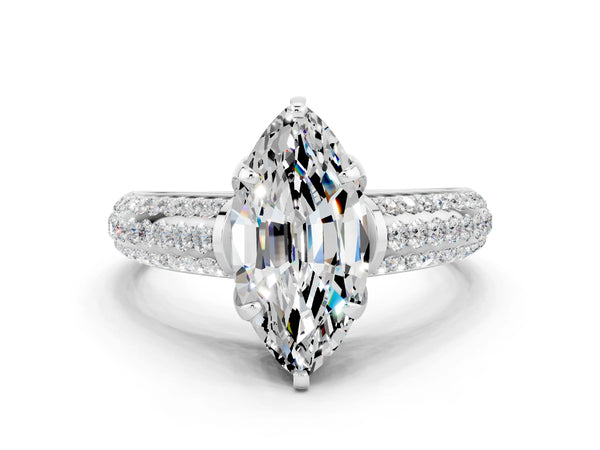 White gold Marquise Cut Moissanite Solitaire Ring with Three-Row Pavé Band and Four-Prong Setting