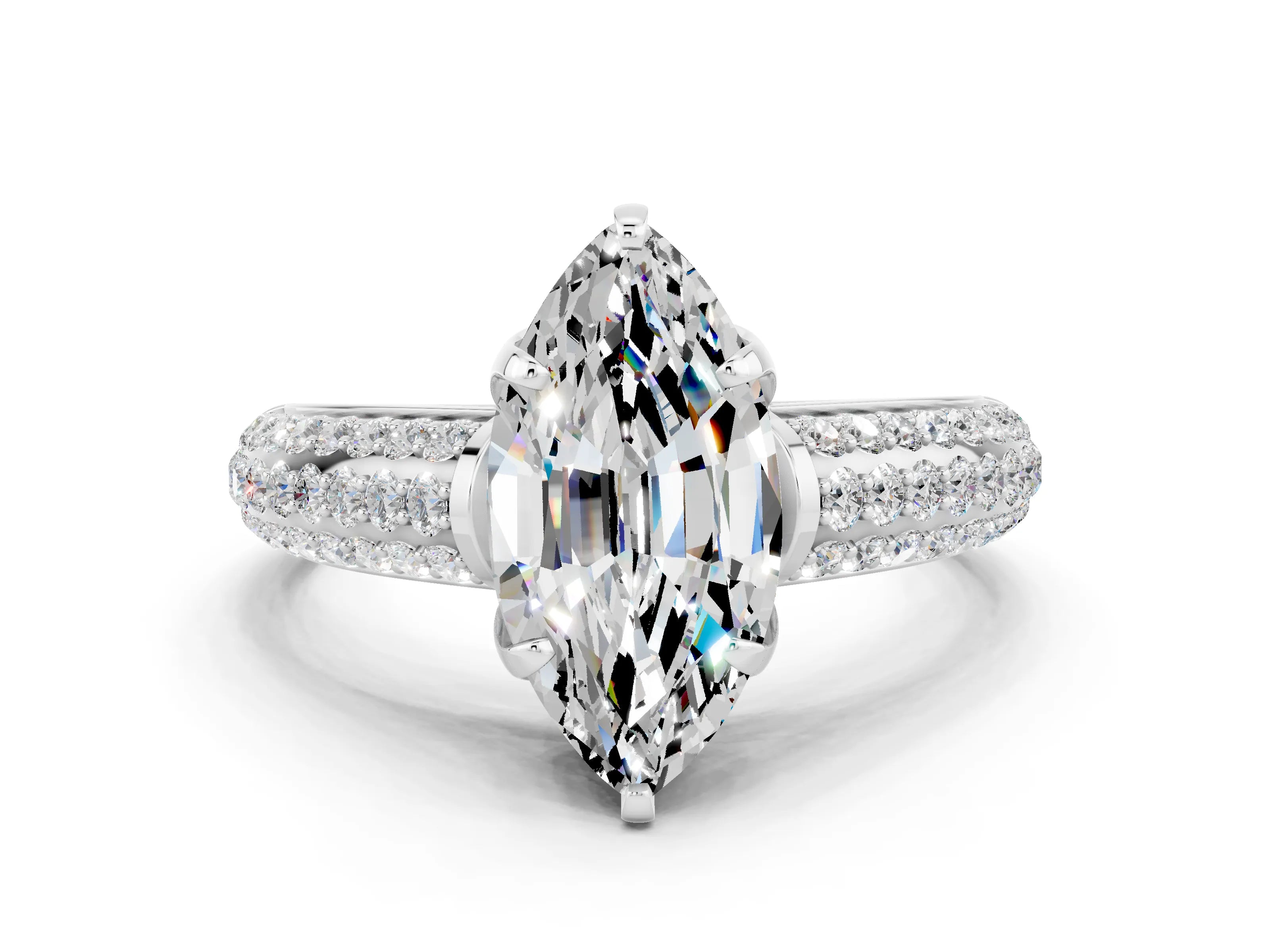 White gold Marquise Cut Moissanite Solitaire Ring with Three-Row Pavé Band and Four-Prong Setting_12