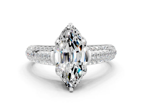 White gold Marquise Cut Moissanite Solitaire Ring with Three-Row Pavé Band and Four-Prong Setting_12