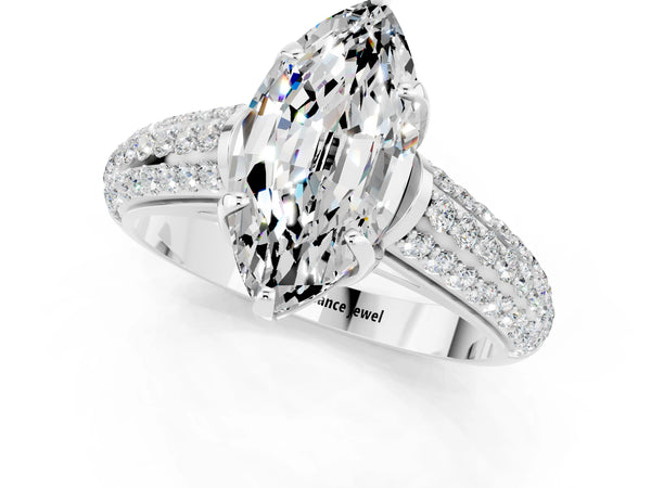 Silver Marquise Cut Moissanite Solitaire Ring with Three-Row Pavé Band and Four-Prong Setting