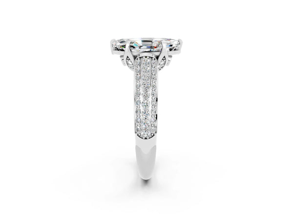 Platinum Marquise Cut Moissanite Solitaire Ring with Three-Row Pavé Band and Four-Prong Setting