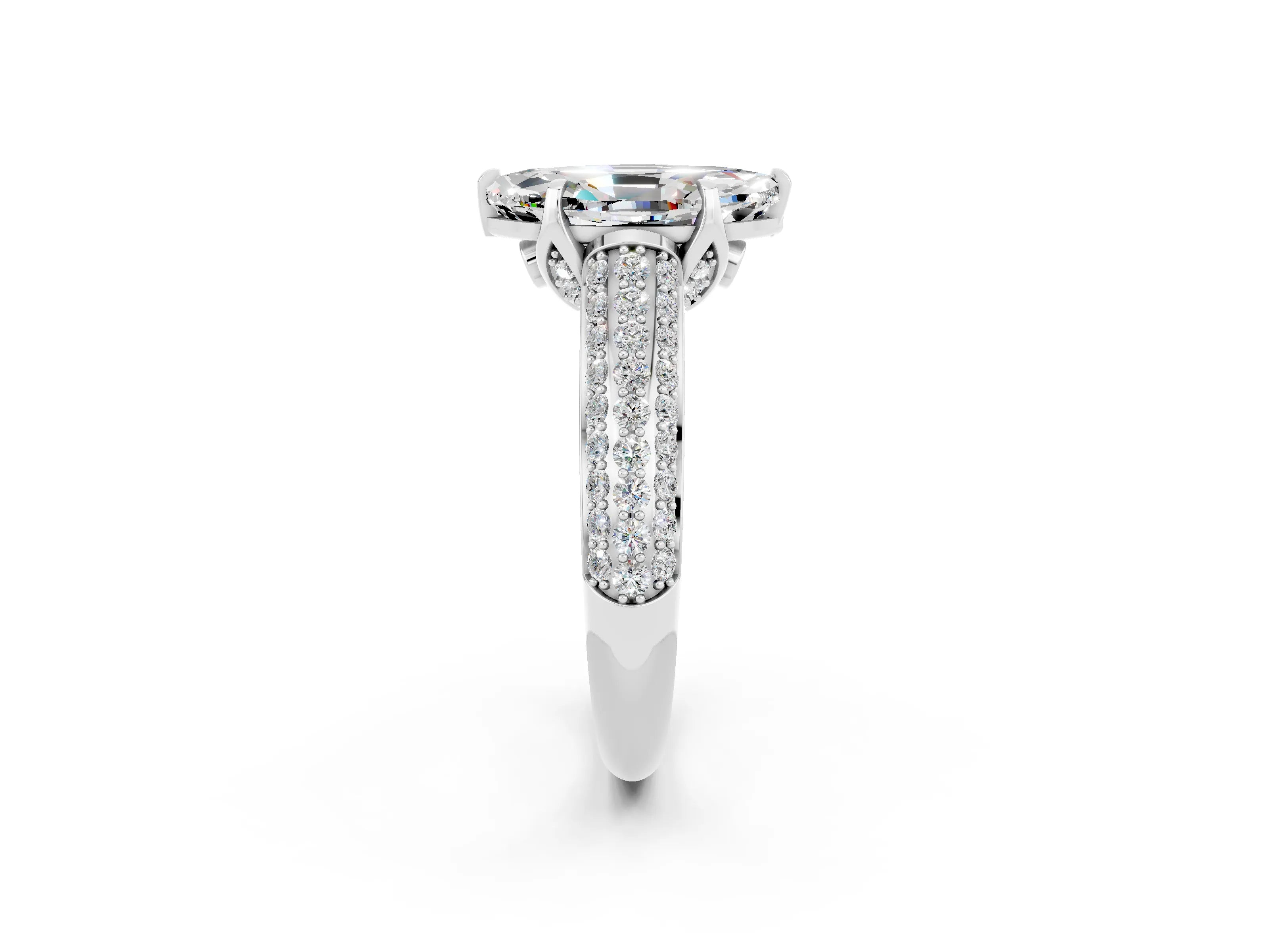 White gold Marquise Cut Moissanite Solitaire Ring with Three-Row Pavé Band and Four-Prong Setting_14