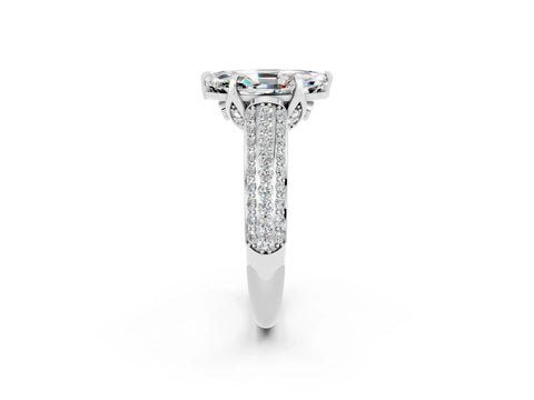 White gold Marquise Cut Moissanite Solitaire Ring with Three-Row Pavé Band and Four-Prong Setting_14