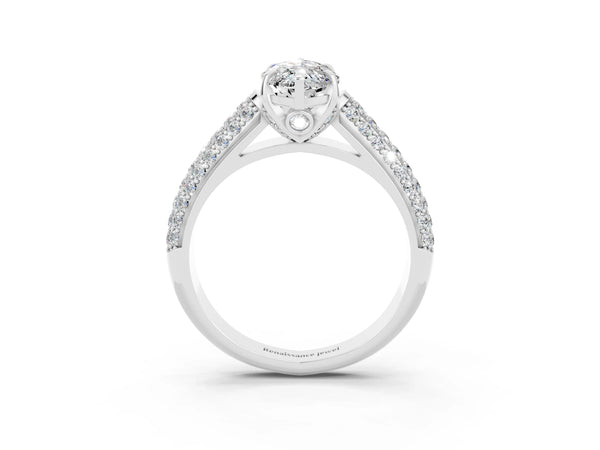 Platinum Marquise Cut Moissanite Solitaire Ring with Three-Row Pavé Band and Four-Prong Setting