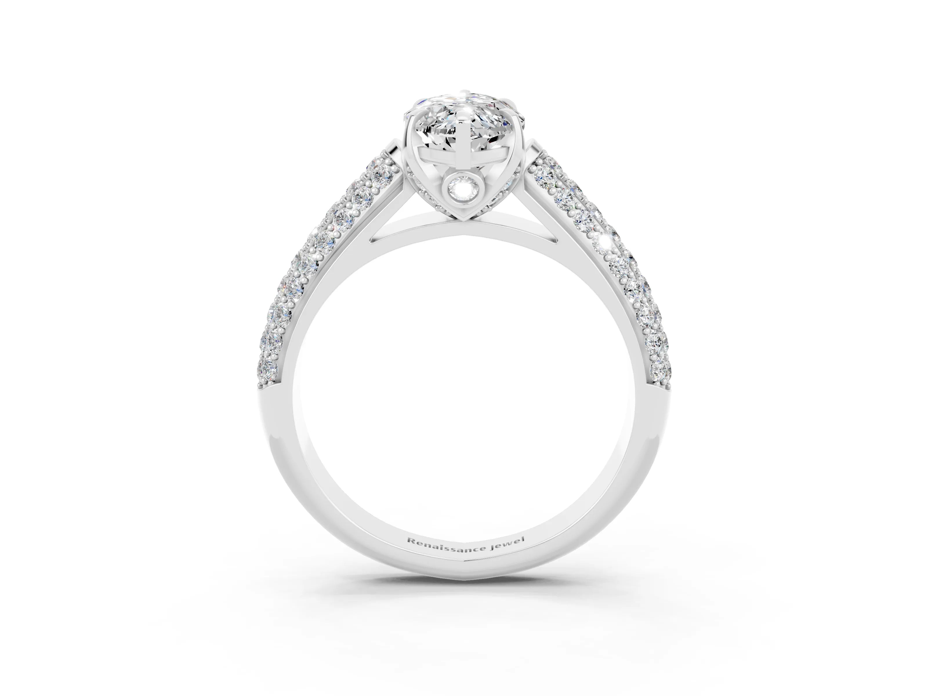 White gold Marquise Cut Moissanite Solitaire Ring with Three-Row Pavé Band and Four-Prong Setting_15