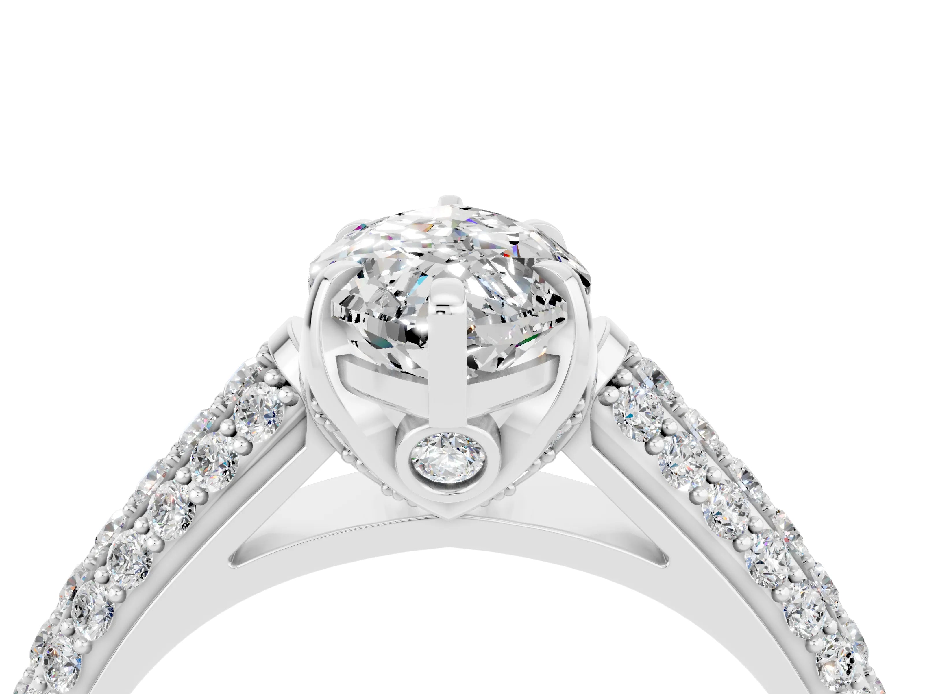 White gold Marquise Cut Moissanite Solitaire Ring with Three-Row Pavé Band and Four-Prong Setting_16