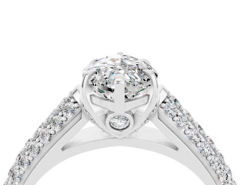 White gold Marquise Cut Moissanite Solitaire Ring with Three-Row Pavé Band and Four-Prong Setting_16