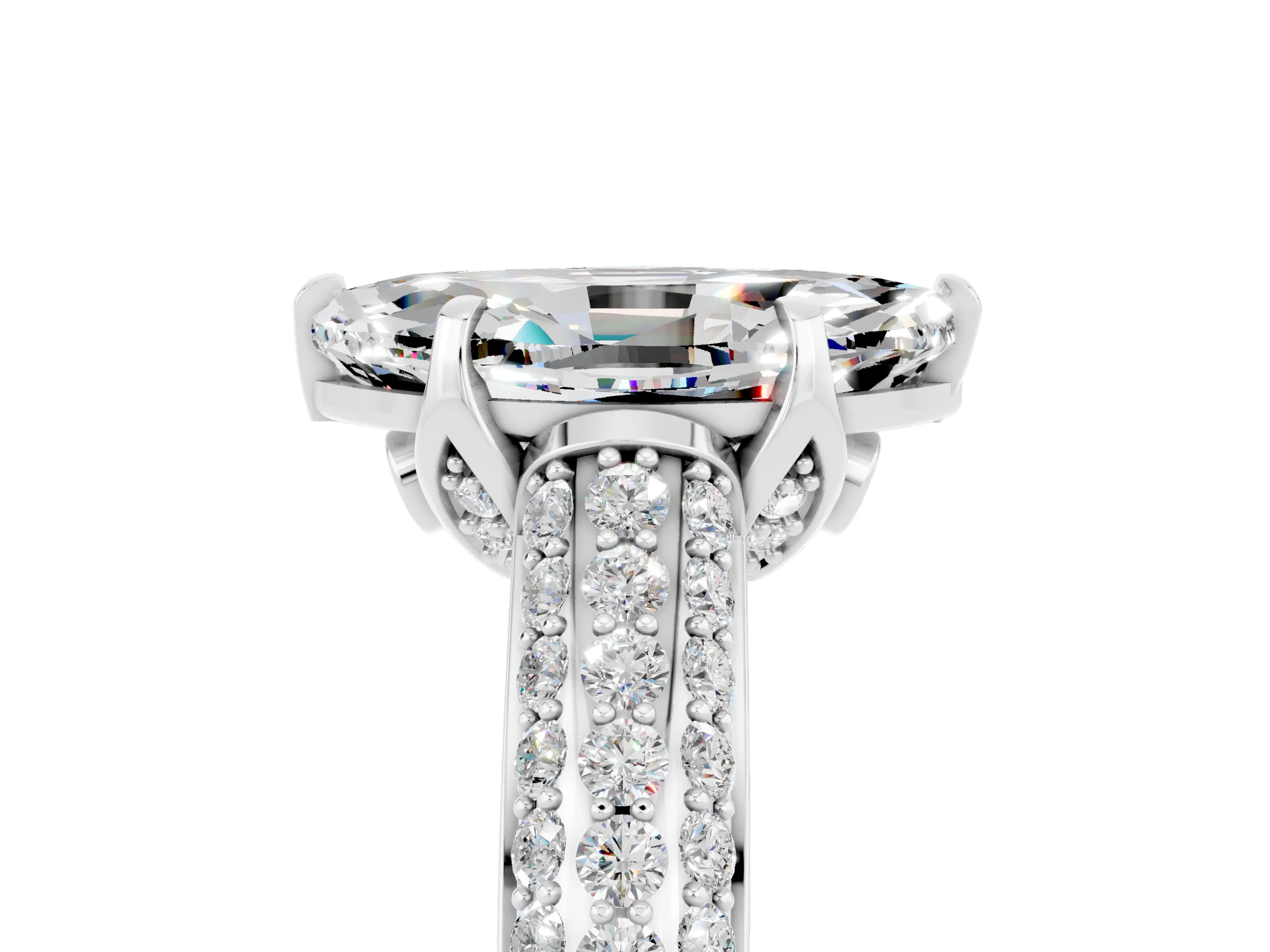 White gold Marquise Cut Moissanite Solitaire Ring with Three-Row Pavé Band and Four-Prong Setting_17