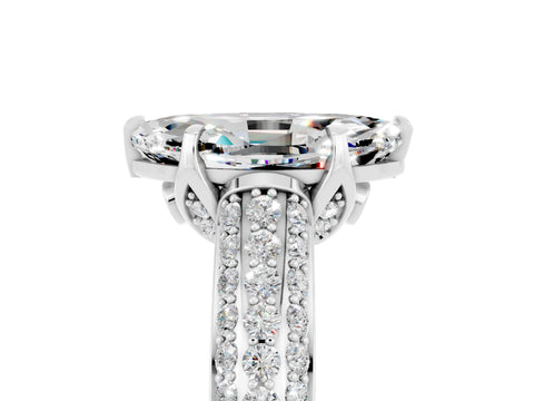 White gold Marquise Cut Moissanite Solitaire Ring with Three-Row Pavé Band and Four-Prong Setting_17