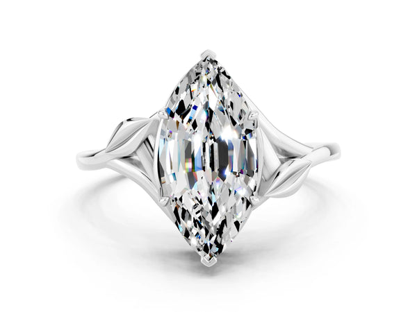 Platinum Marquise Cut Moissanite Solitaire Ring with Twist Band and Four-Prong Setting
