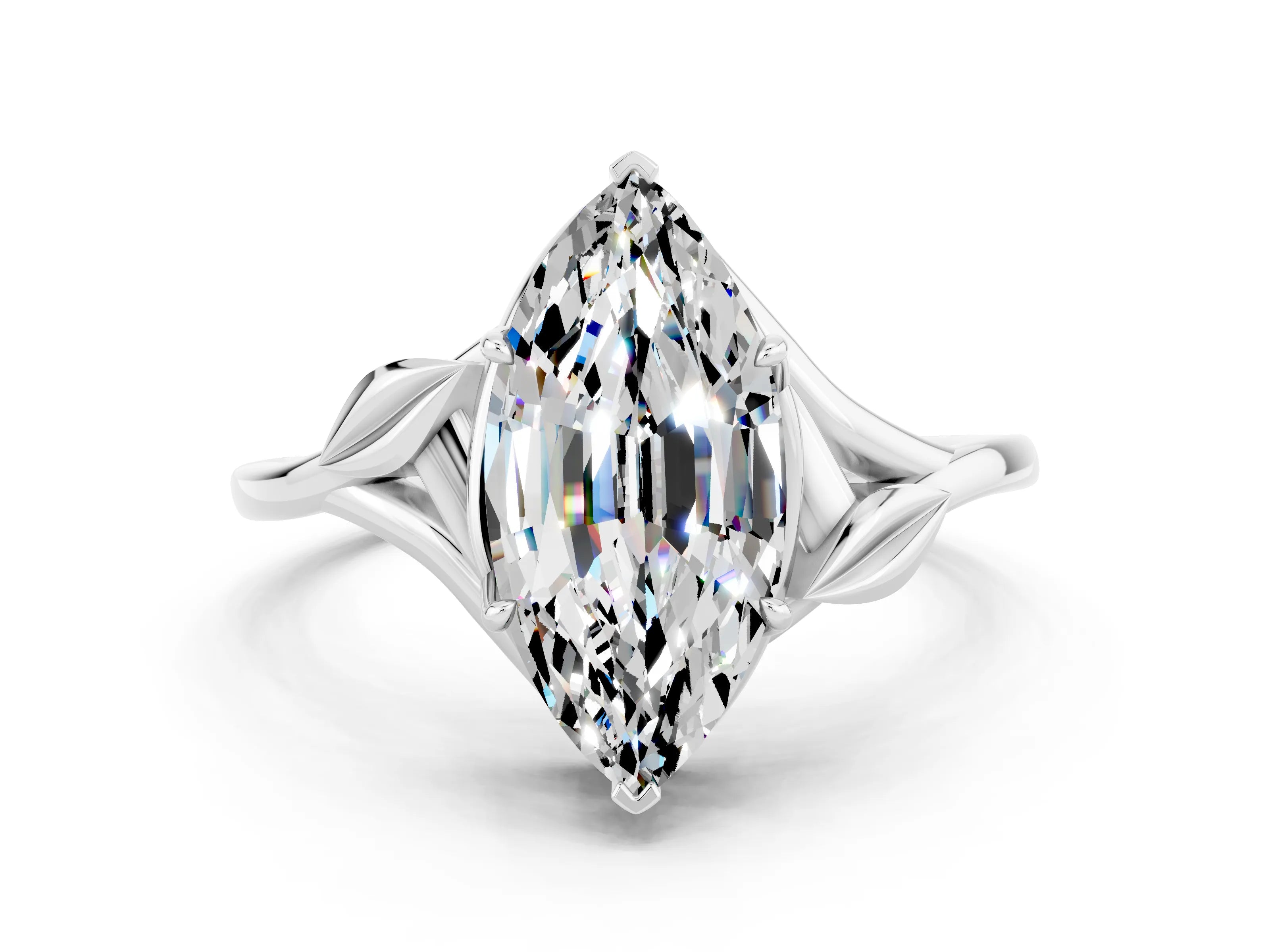 White gold Marquise Cut Moissanite Solitaire Ring with Twist Band and Four-Prong Setting_12
