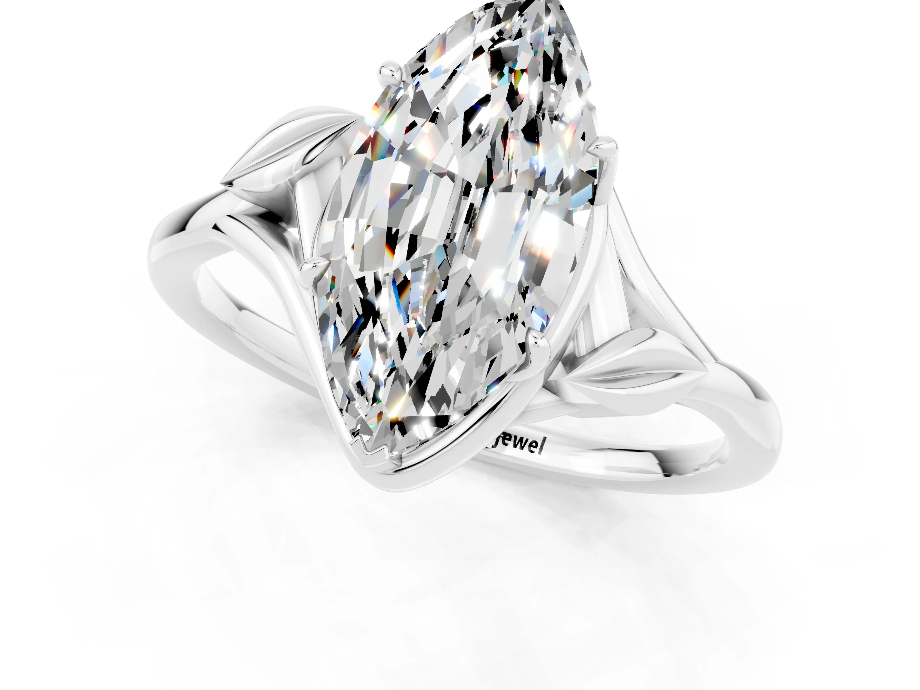 White gold Marquise Cut Moissanite Solitaire Ring with Twist Band and Four-Prong Setting_13