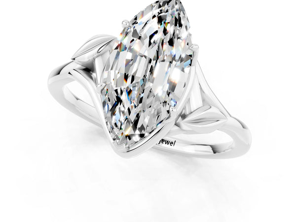 Silver Marquise Cut Moissanite Solitaire Ring with Twist Band and Four-Prong Setting