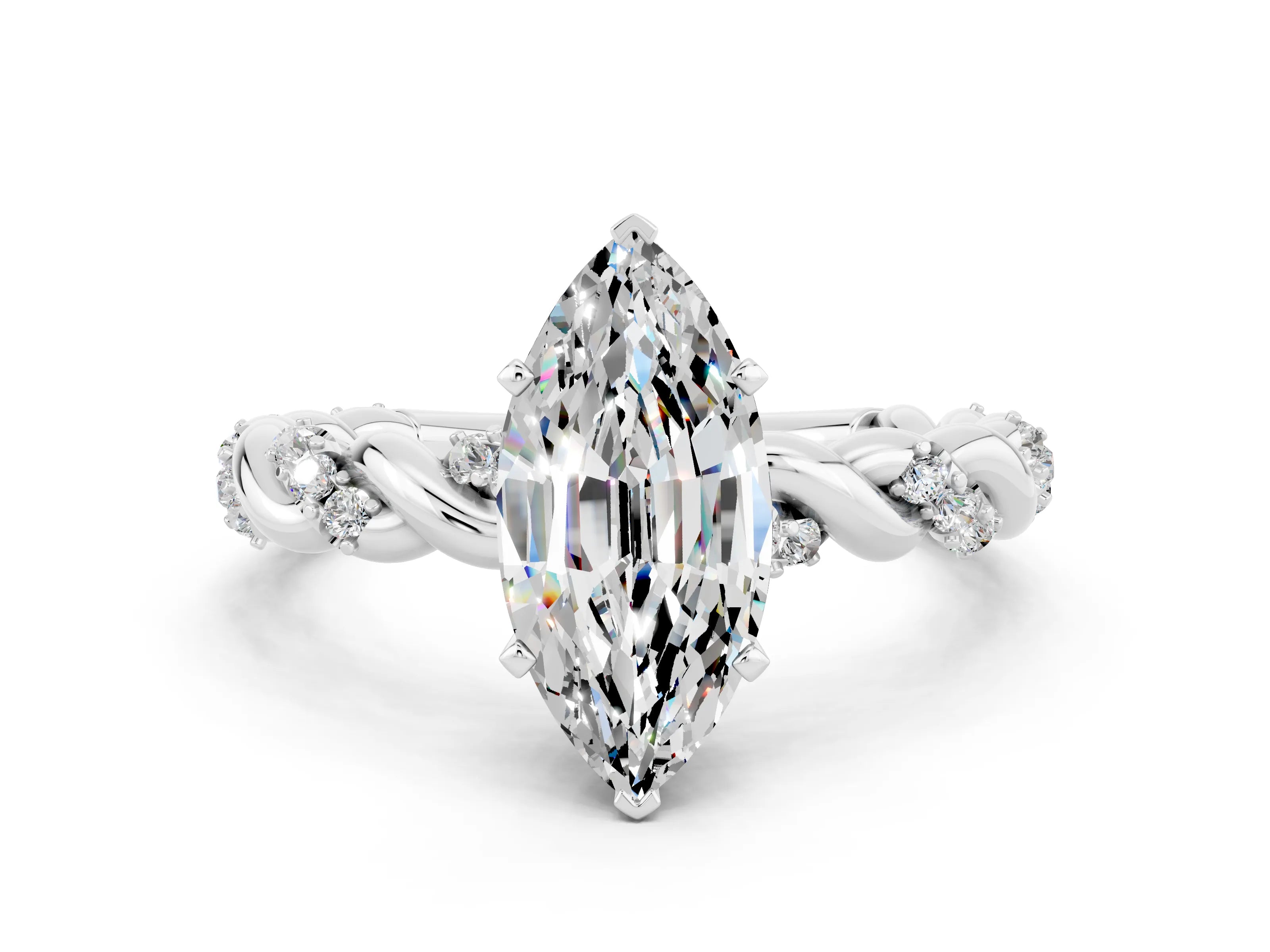 White gold Marquise Cut Moissanite Solitaire Ring with Twisted Band and Pavé Accents