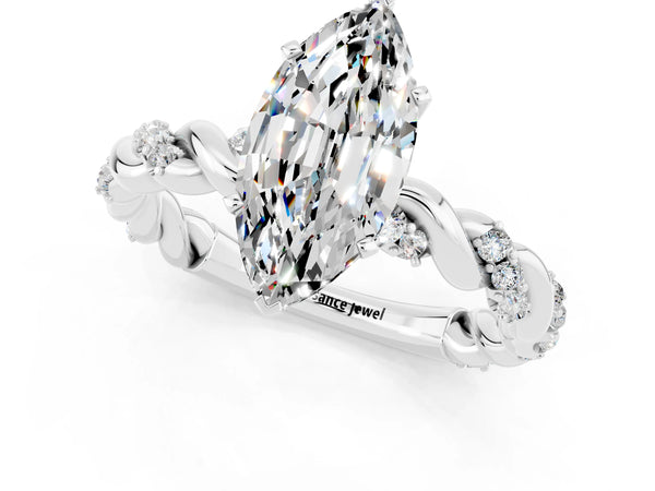 Silver Marquise Cut Moissanite Solitaire Ring with Twisted Band and Pavé Accents