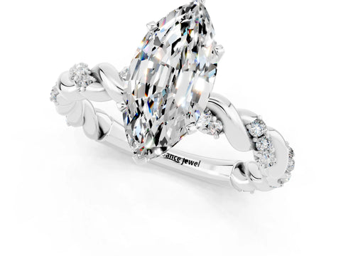 White gold Marquise Cut Moissanite Solitaire Ring with Twisted Band and Pavé Accents_1