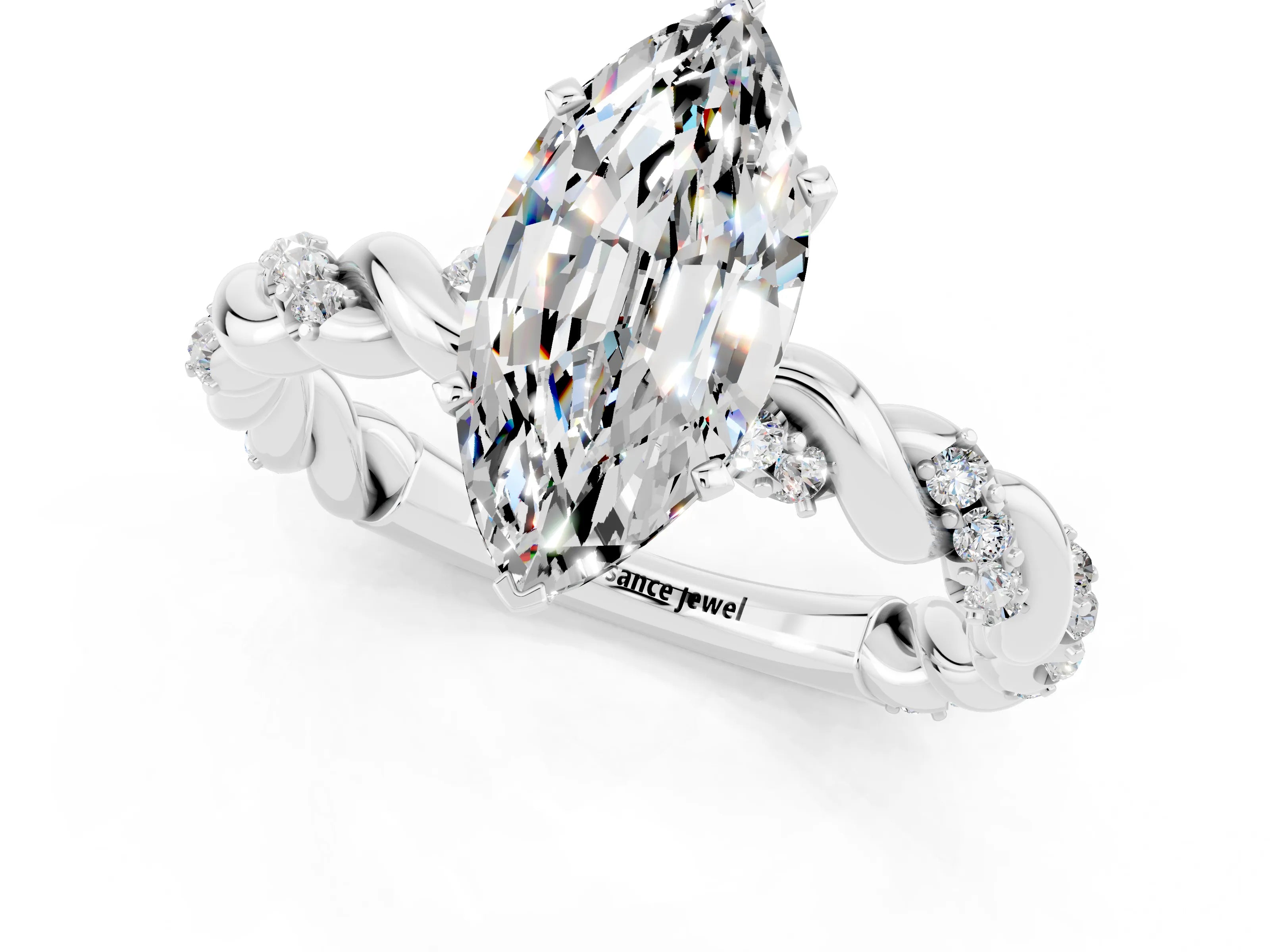 White gold Marquise Cut Moissanite Solitaire Ring with Twisted Band and Pavé Accents_1