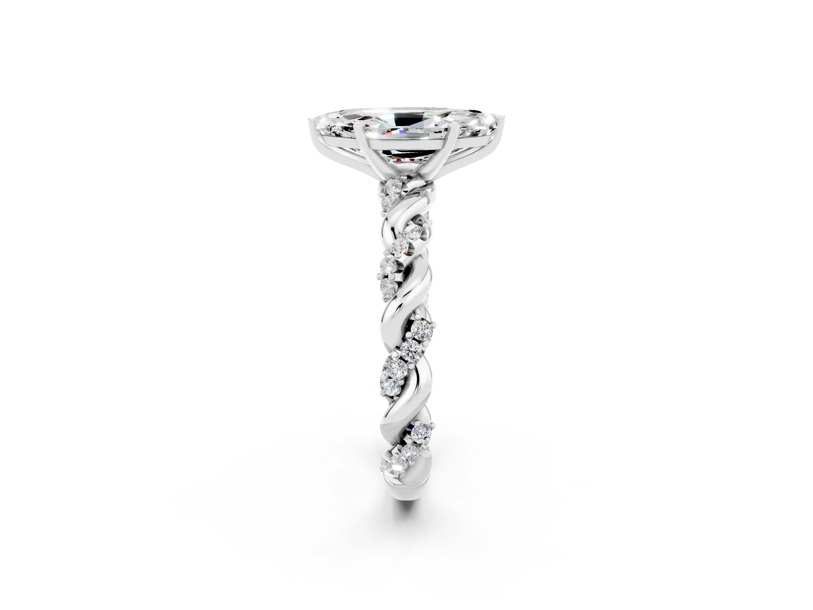 White gold Marquise Cut Moissanite Solitaire Ring with Twisted Band and Pavé Accents_2