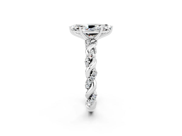 Silver Marquise Cut Moissanite Solitaire Ring with Twisted Band and Pavé Accents