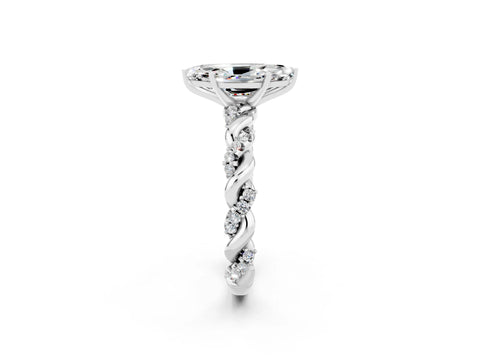White gold Marquise Cut Moissanite Solitaire Ring with Twisted Band and Pavé Accents_2