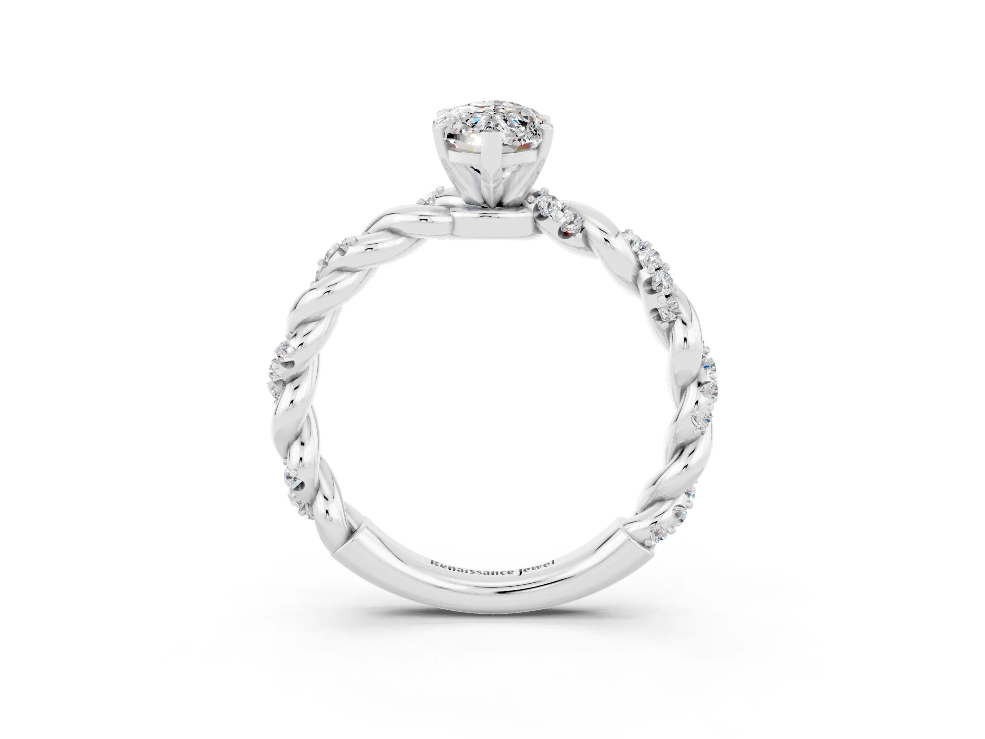 White gold Marquise Cut Moissanite Solitaire Ring with Twisted Band and Pavé Accents_3