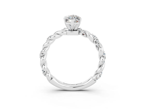 White gold Marquise Cut Moissanite Solitaire Ring with Twisted Band and Pavé Accents