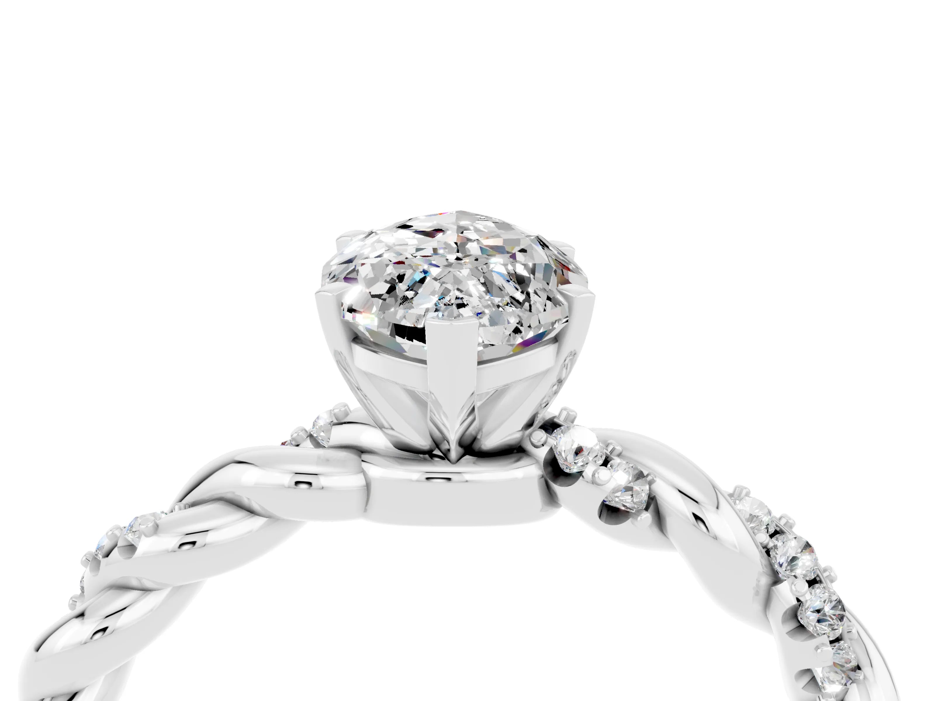 White gold Marquise Cut Moissanite Solitaire Ring with Twisted Band and Pavé Accents_4
