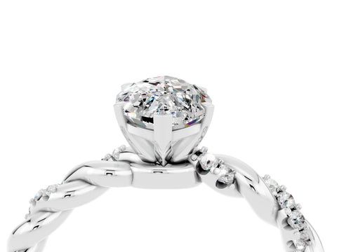 White gold Marquise Cut Moissanite Solitaire Ring with Twisted Band and Pavé Accents_4