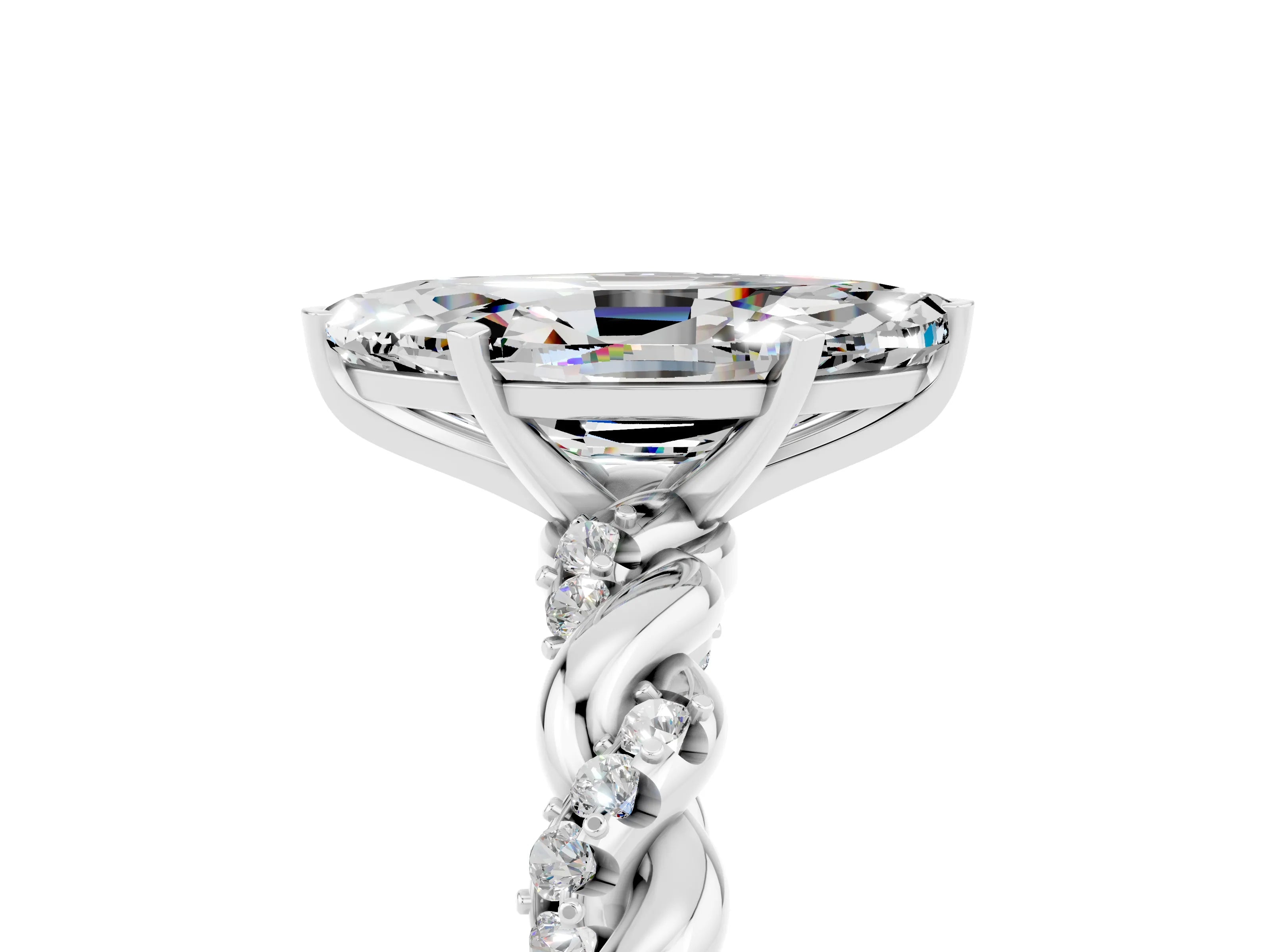 White gold Marquise Cut Moissanite Solitaire Ring with Twisted Band and Pavé Accents_5
